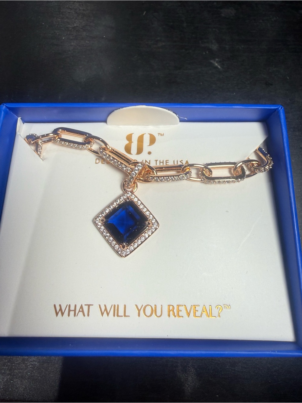 Rose Gold Chain Necklace with Blue Square Crystal Pendant
